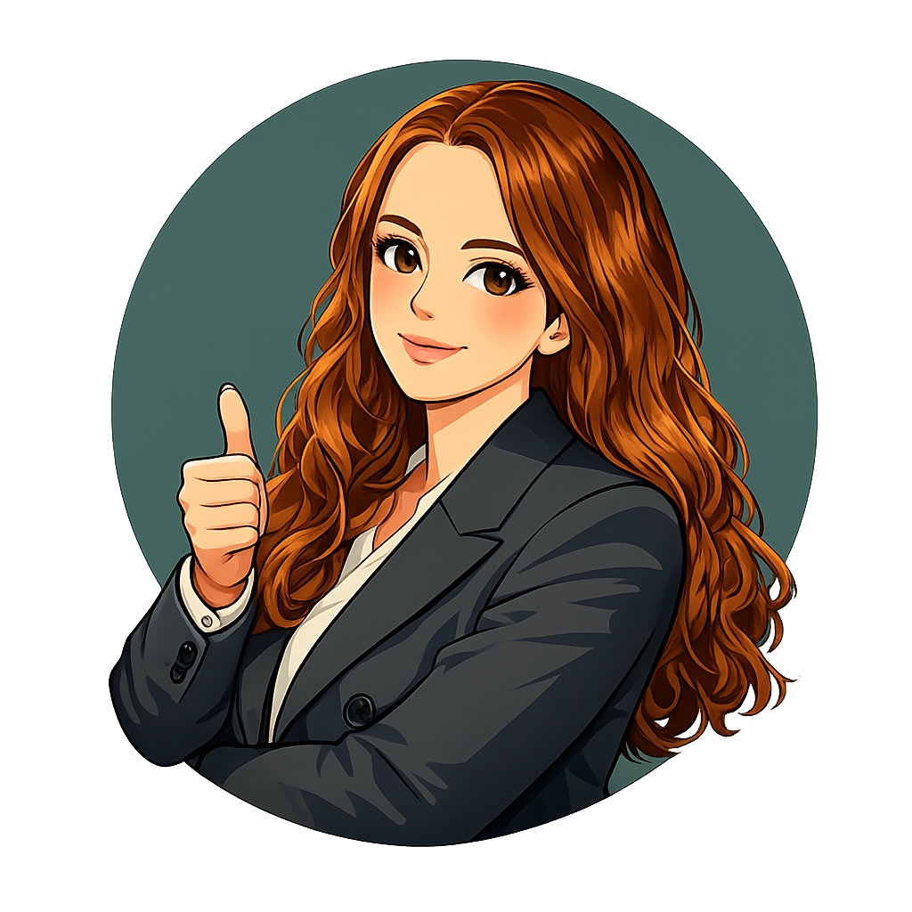 Illustration of a confident woman with long brown hair in a black suit giving a thumbs-up gesture.