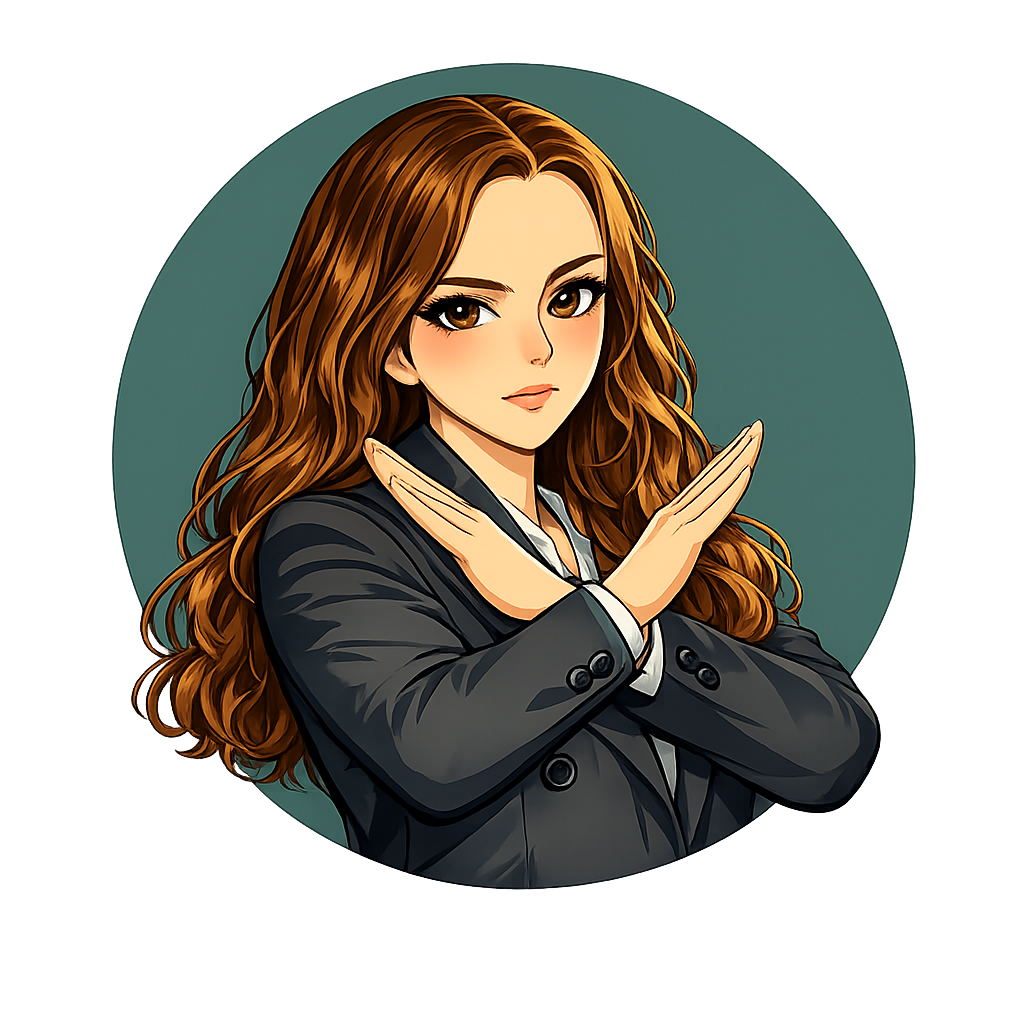 Illustration of a serious woman with long brown hair in a black suit crossing her arms in front of her chest as a stop gesture.