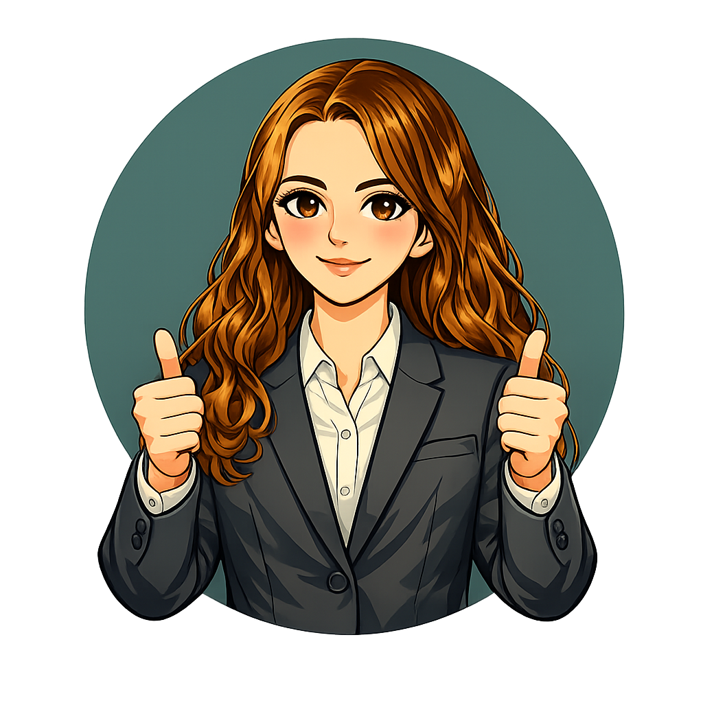 Smiling woman with long red hair wearing a business suit giving two thumbs up.