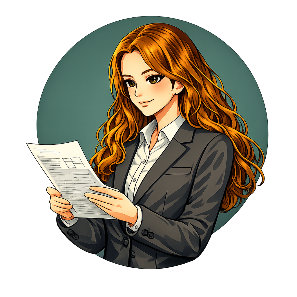 Woman with long red hair wearing a gray suit and white shirt, reading documents with a smile.