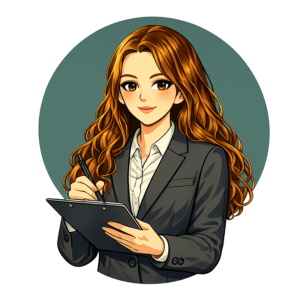 Illustration of a woman with long brown hair in a gray suit holding a clipboard and pen.