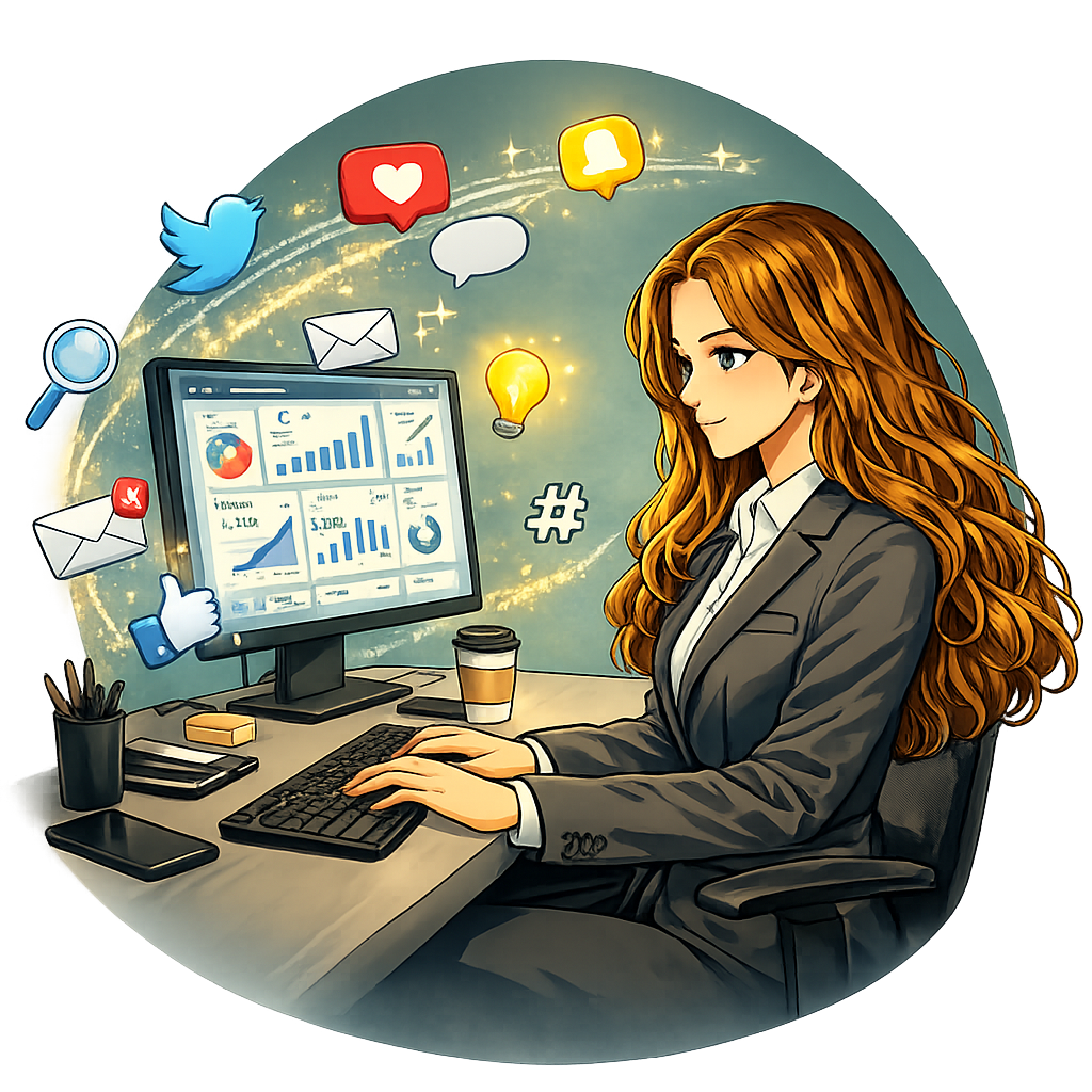 Woman with long hair in business attire working on a computer surrounded by marketing and social media icons.