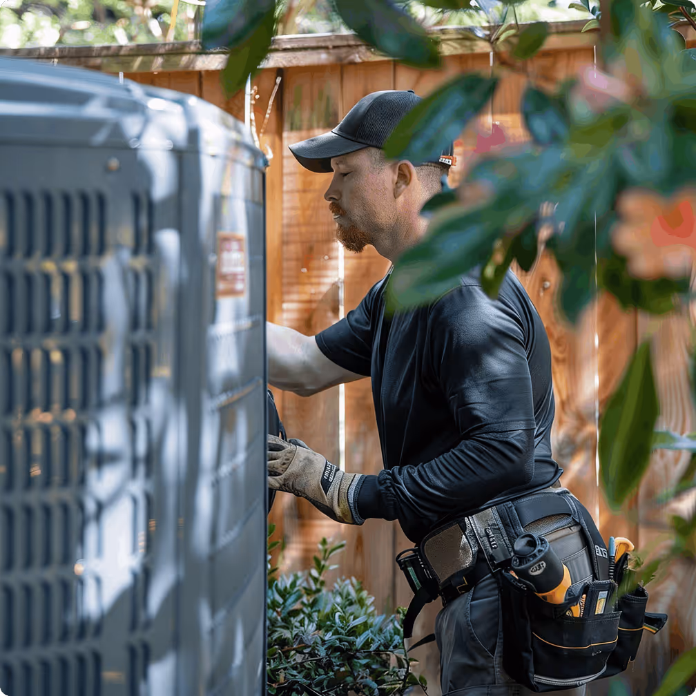 HVAC technician inspecting and servicing residential air conditioning unit in Bakersfield CA