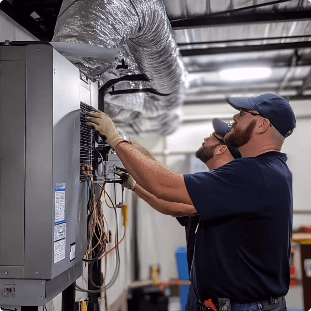 HVAC technician installing and repairing heating system ductwork in Kern County California