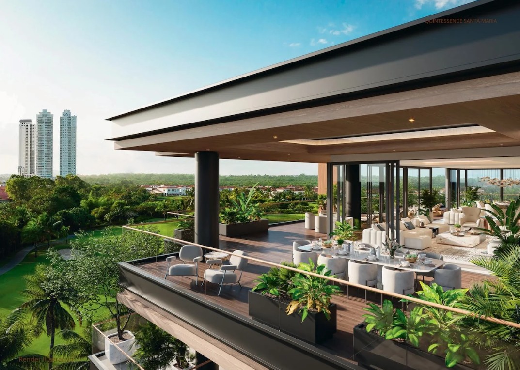 Modern outdoor terrace with dining and seating areas overlooking lush greenery and city skyline.