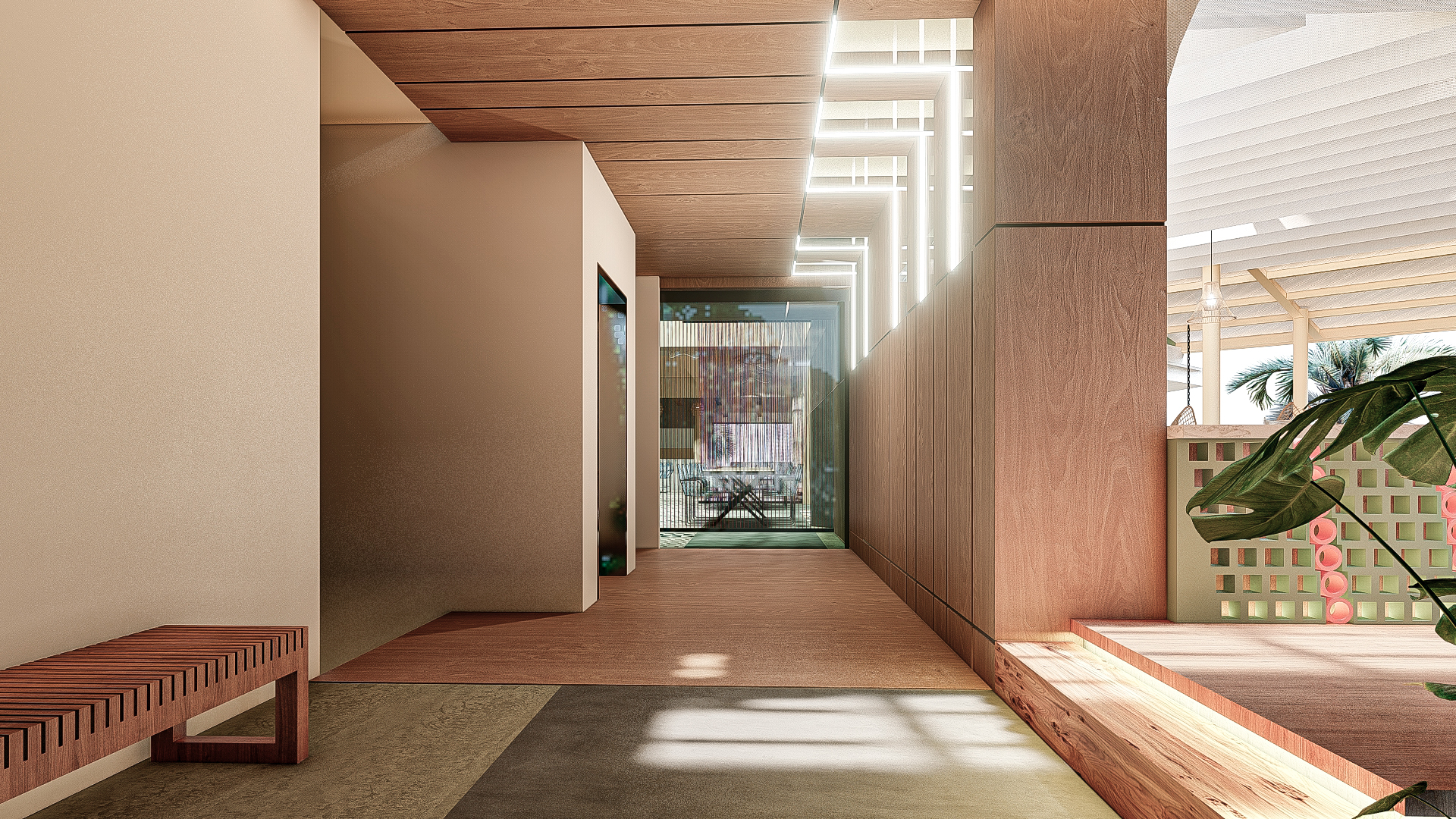 Modern hallway with wooden ceiling and floor, a slatted wooden bench on the left, and glass doors leading to an outdoor seating area.
