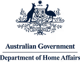 Australian Government Department of Home Affairs logo featuring a kangaroo and emu beside a shield with a seven-point star above.