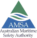 Logo of Australian Maritime Safety Authority with a green triangle above blue waves and the acronym AMSA.