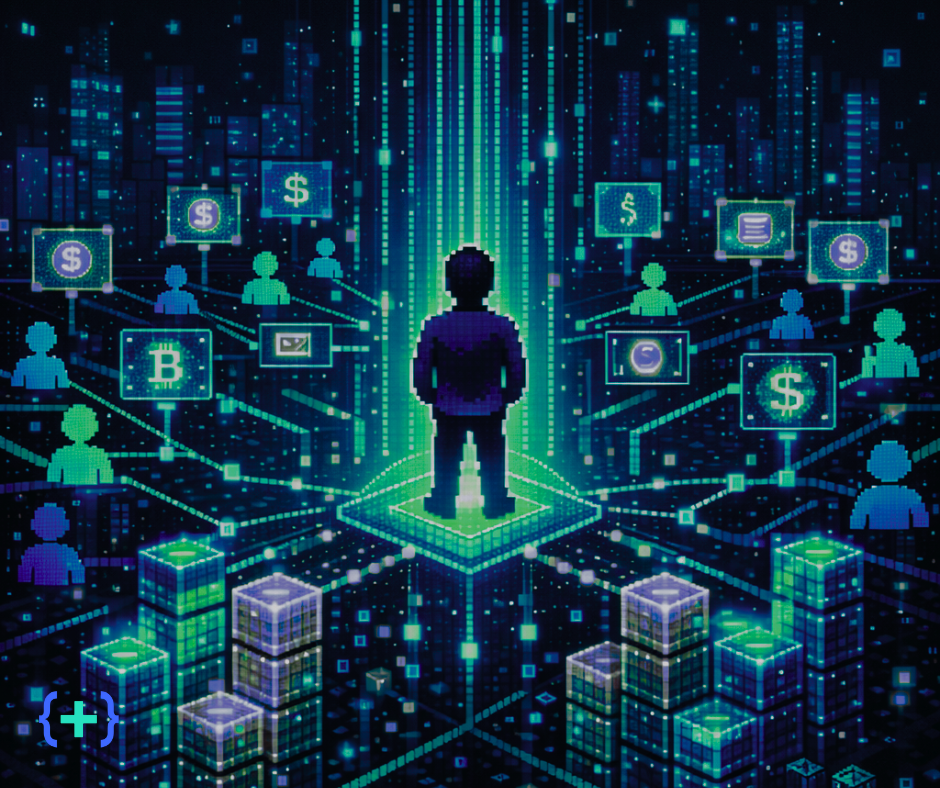 Pixel-art creator on a blockchain platform, linked to fans and to coin and dollar icons, as fans become backers