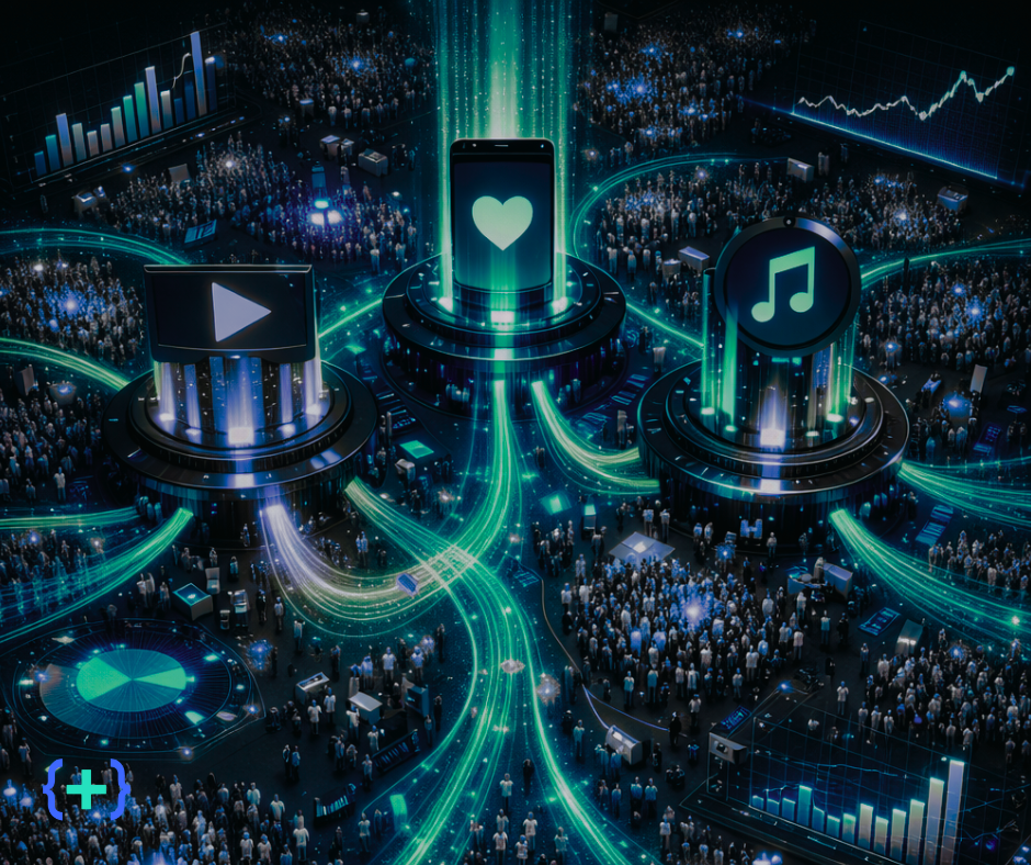 Illustration of video, social and music platforms on glowing pillars above vast crowds, showing the booming creator economy