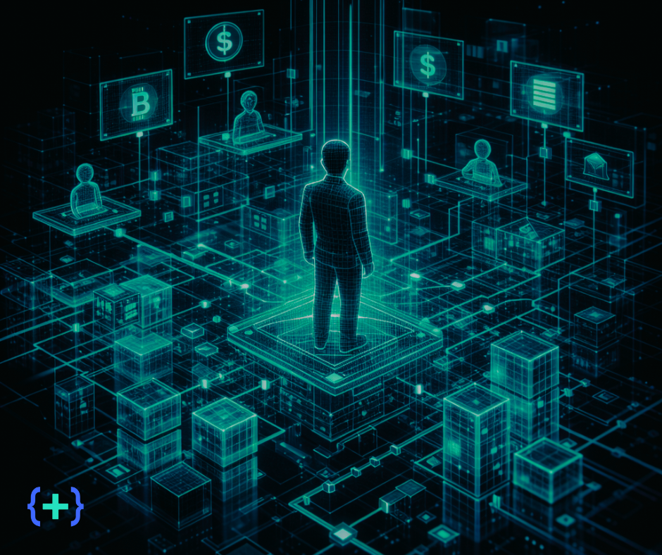 Wireframe figure on a digital platform connected to people and currency icons, showing creators and fans sharing ownership