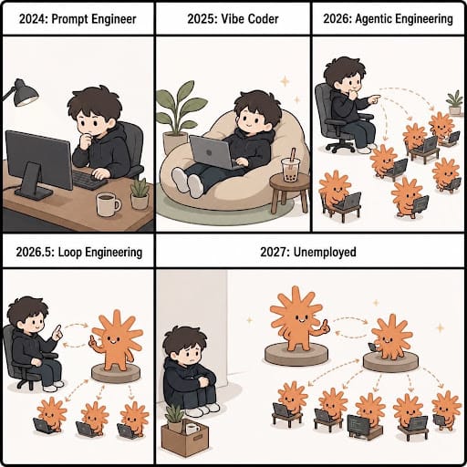 Comic of a developer's career: prompt engineer, vibe coder, agentic engineering, loop engineering, then unemployed in 2027