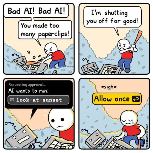 Comic: a man smashes an AI for making too many paperclips, but sighs and clicks Allow once when it asks to look at a sunset