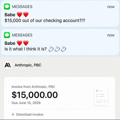 Meme: partner texts about $15,000 leaving the joint account and hopes it is a ring, but it is an Anthropic invoice