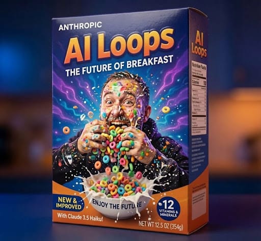 Spoof cereal box: Anthropic AI Loops, the future of breakfast, with a wild-eyed man stuffing his face with cereal