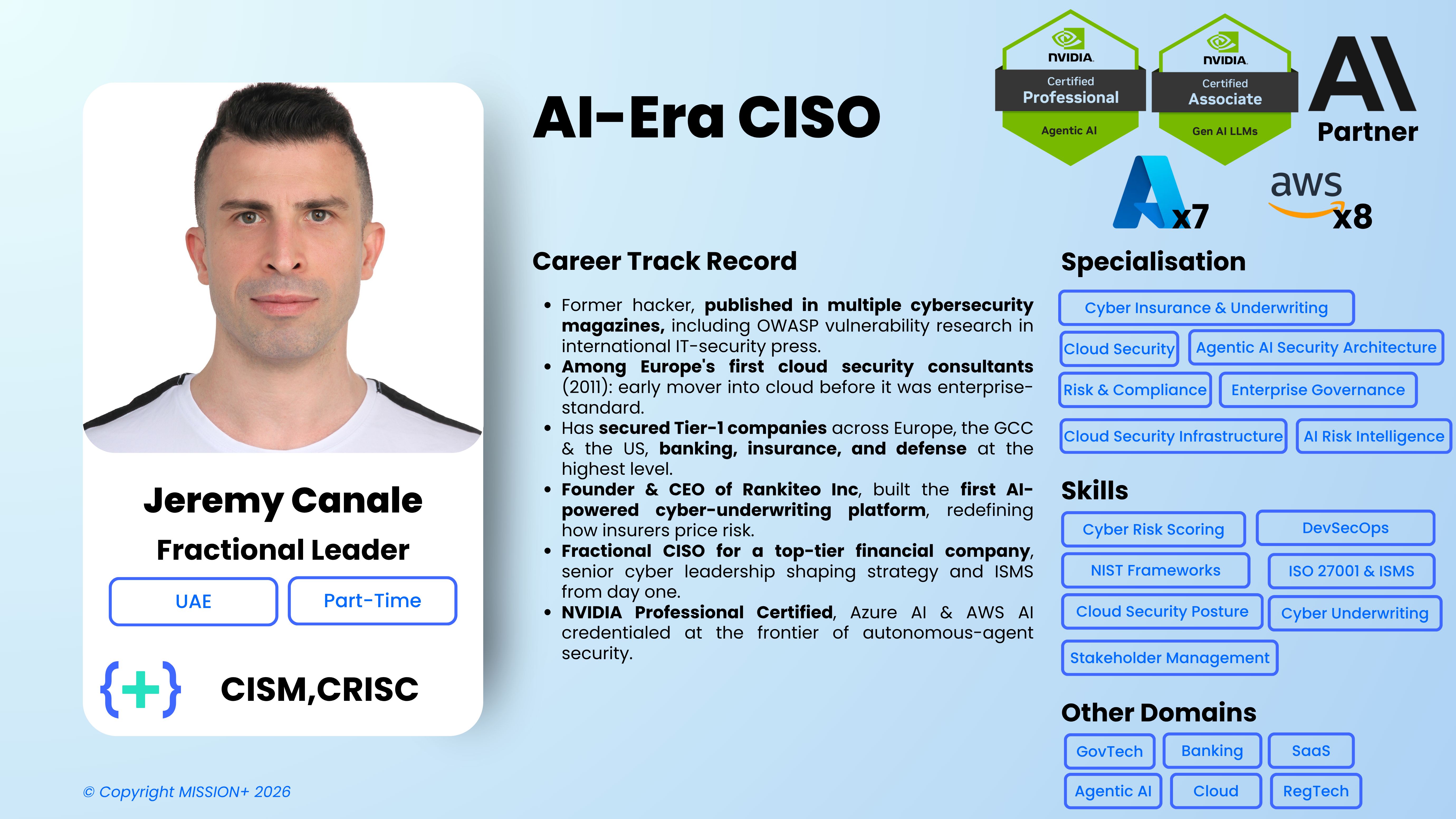 Profile card for Jeremy Canale, UAE-based Fractional Leader and AI-era CISO specialising in cloud and agentic AI security