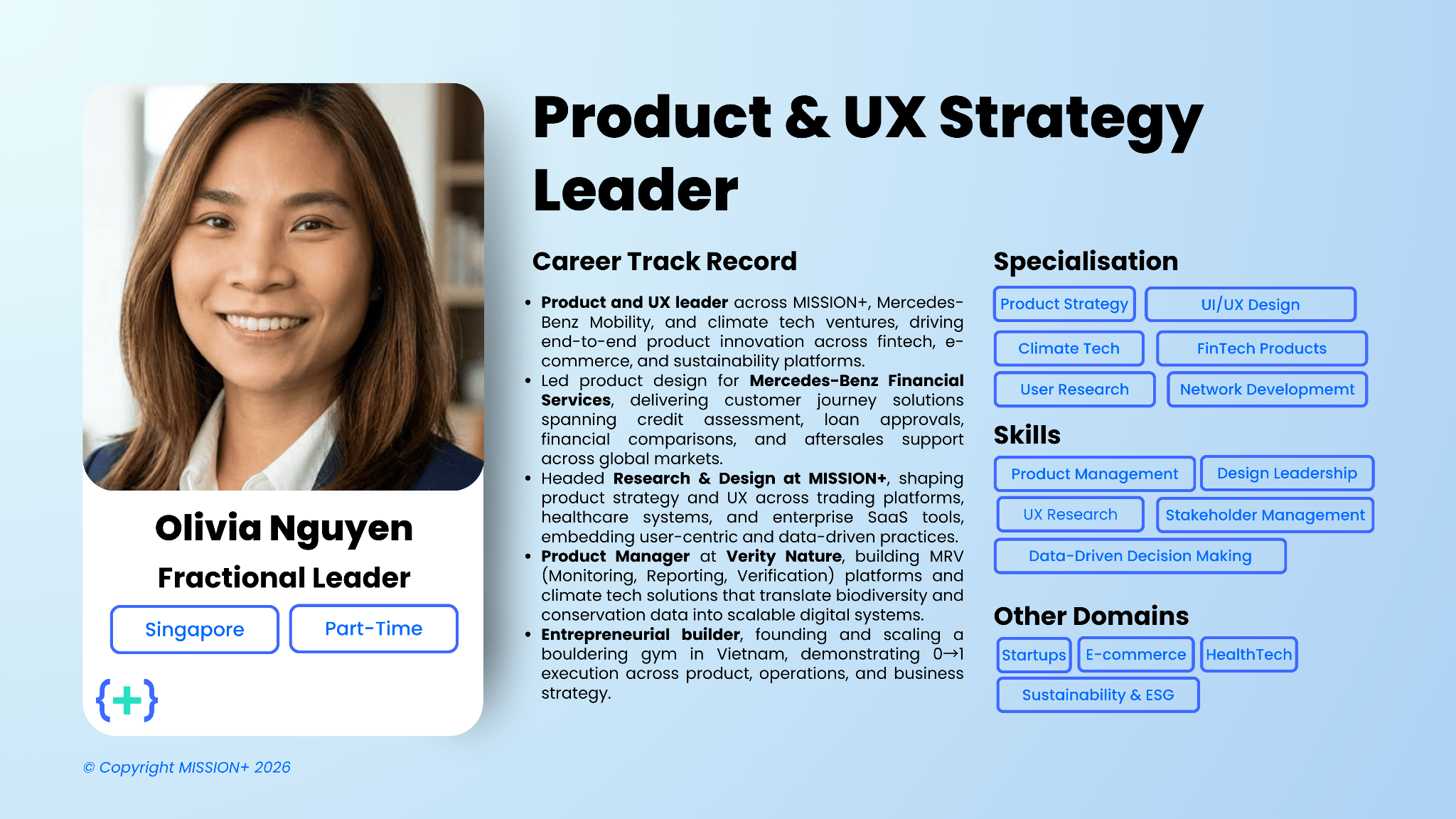 Profile card for Olivia Nguyen, Fractional Leader in product and UX strategy