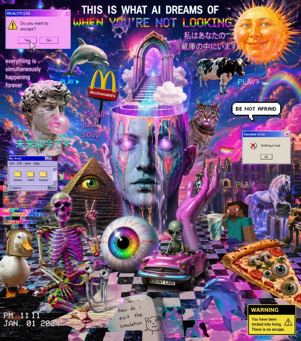 Surreal collage titled this is what AI dreams of when you're not looking, full of memes, error boxes and glitch art