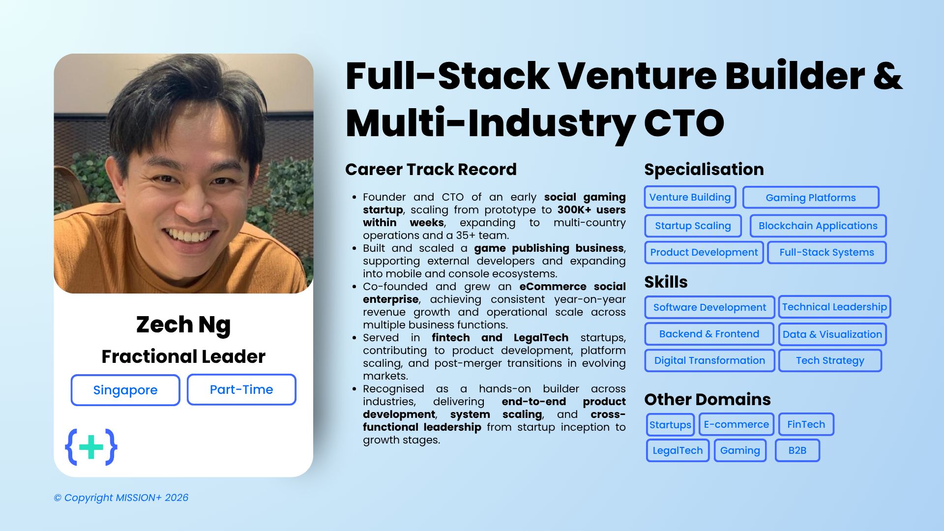 Profile card for Zech Ng, Singapore-based Fractional Leader, full-stack venture builder and multi-industry CTO