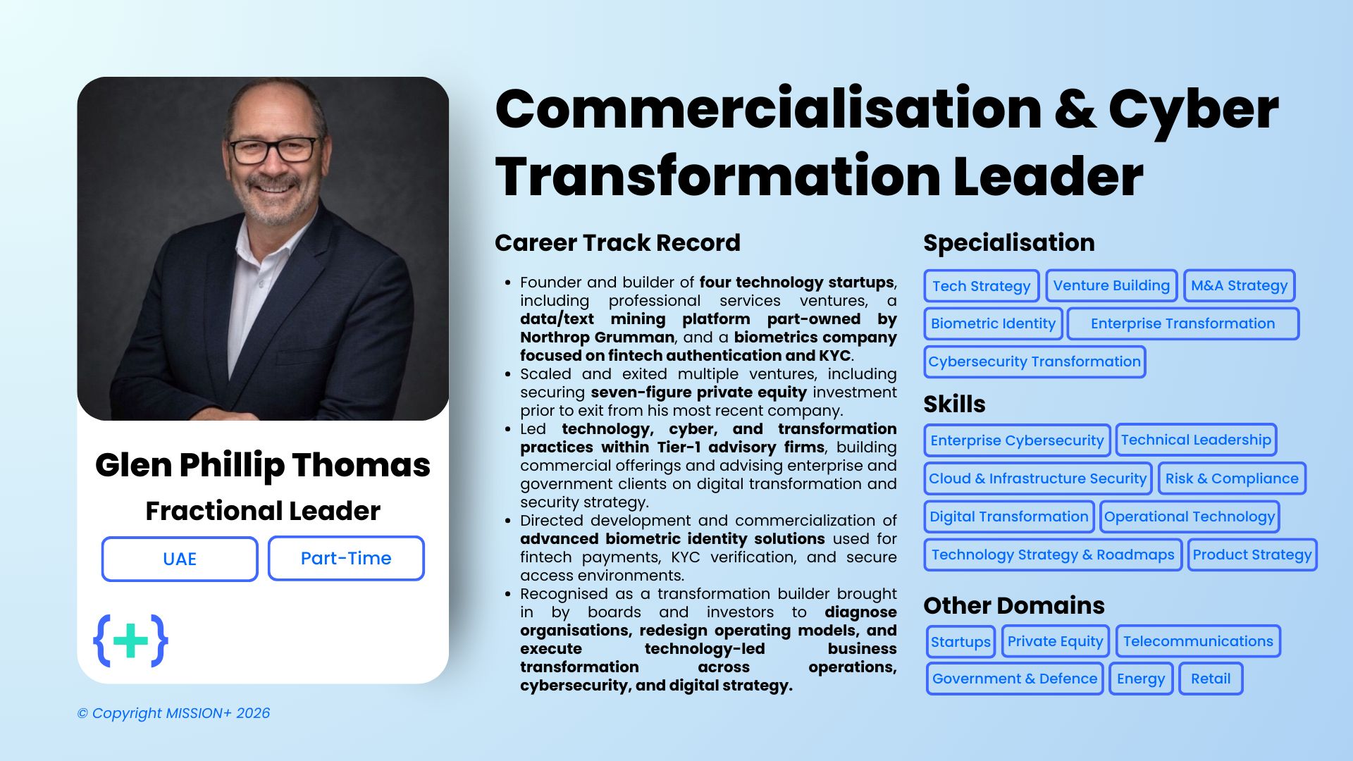Profile card for Glen Phillip Thomas, UAE-based Fractional Leader in commercialisation and cyber transformation
