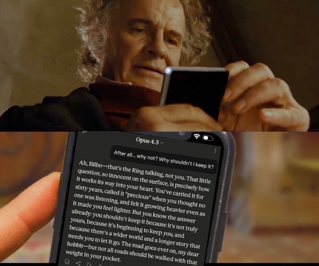 Lord of the Rings meme: Bilbo asks Opus 4.5 why he shouldn't keep the Ring, and it gently tells him to let it go