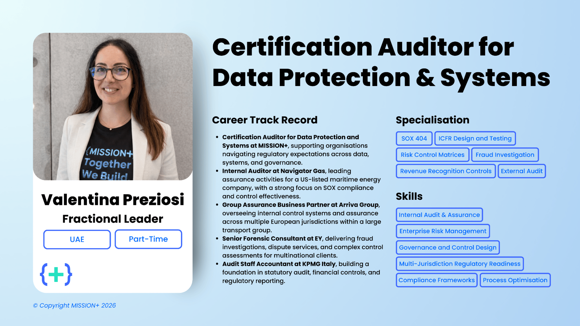 MISSION+ profile card for Valentina Preziosi, Fractional Leader and Certification Auditor for Data Protection and Systems, UAE