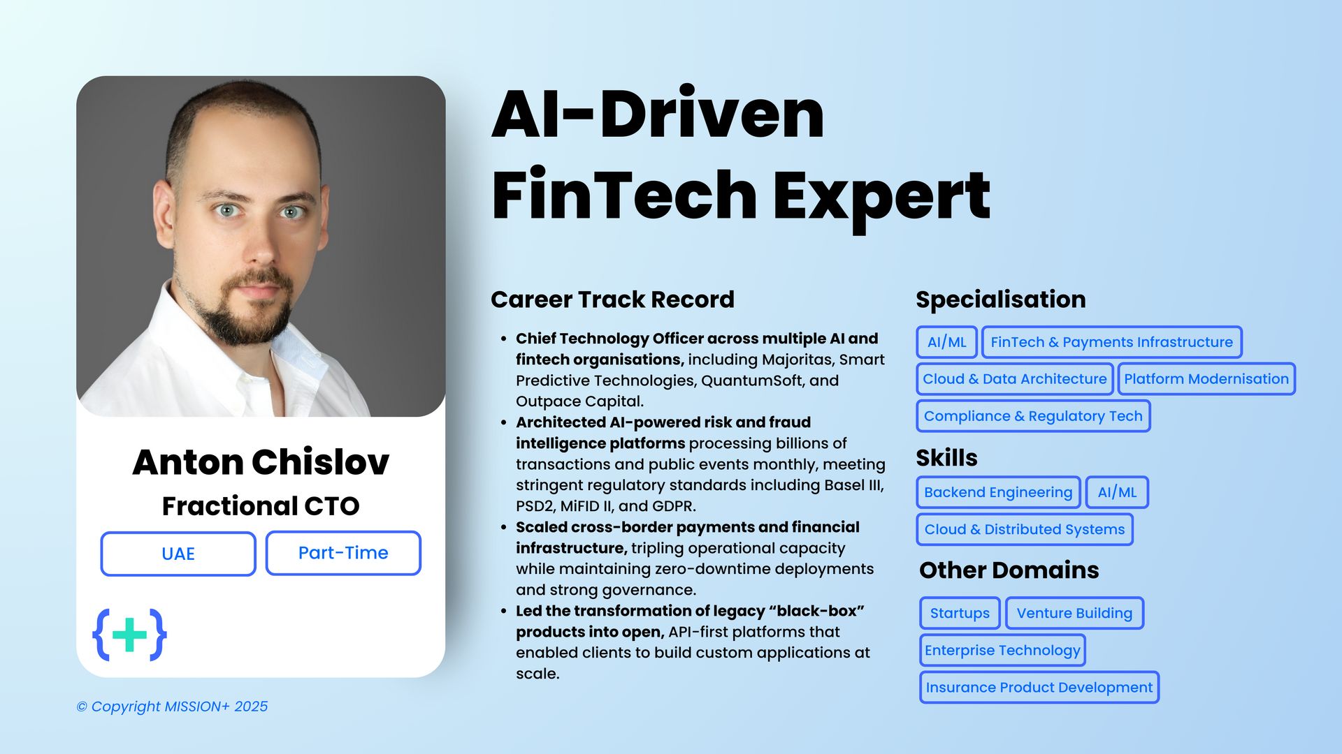 Profile card for Anton Chislov, Fractional CTO in the UAE, an AI-driven fintech expert in payments and risk platforms