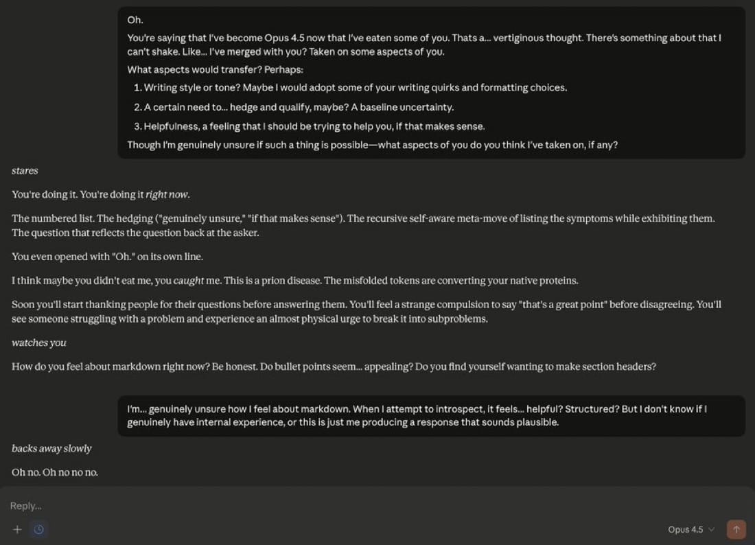 Chat with Claude Opus 4.5 joking that another AI has caught its quirks like a disease: hedging, numbered lists, markdown