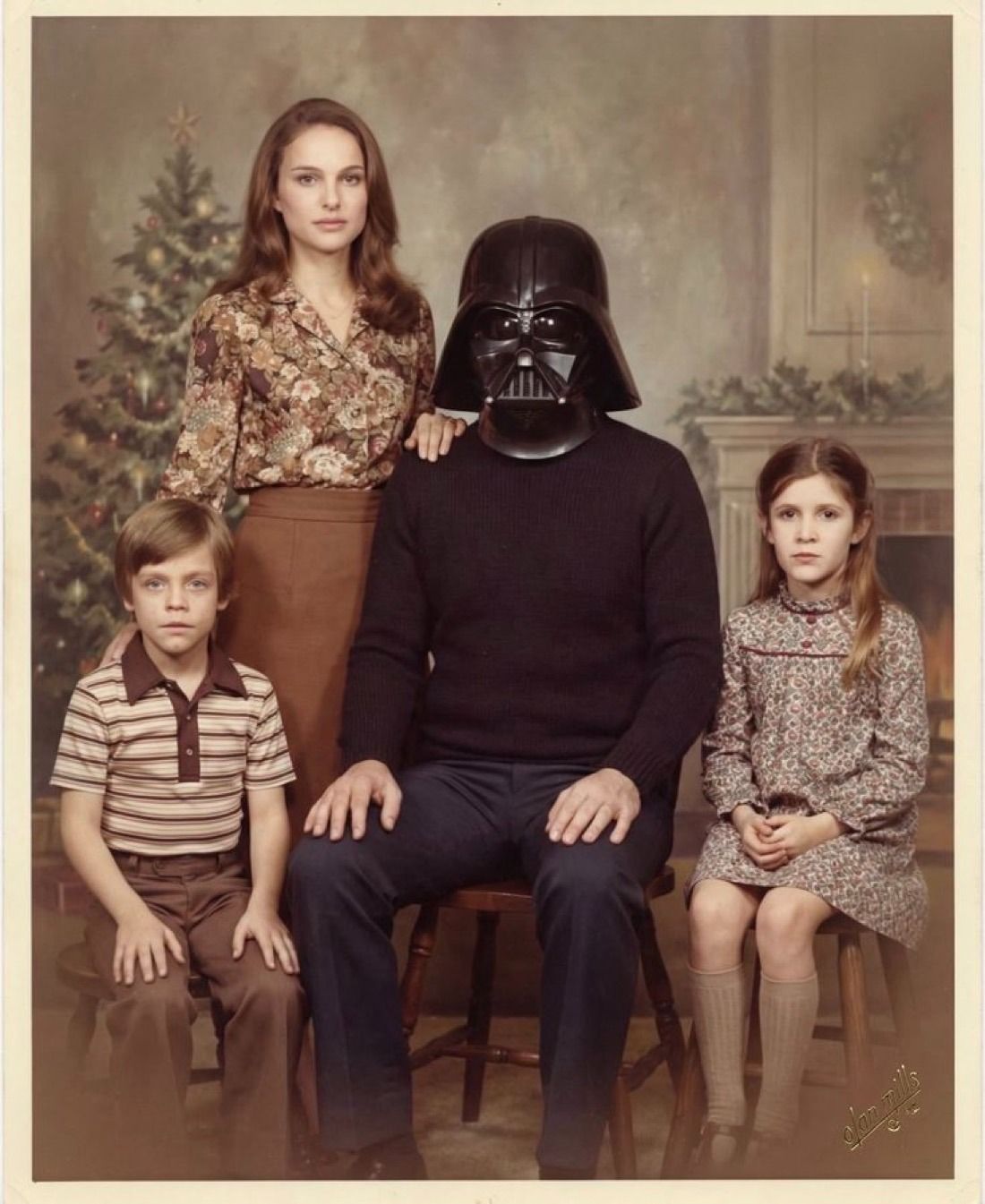 Mock 1970s Christmas family portrait of Darth Vader in a jumper, posed with a woman and two children