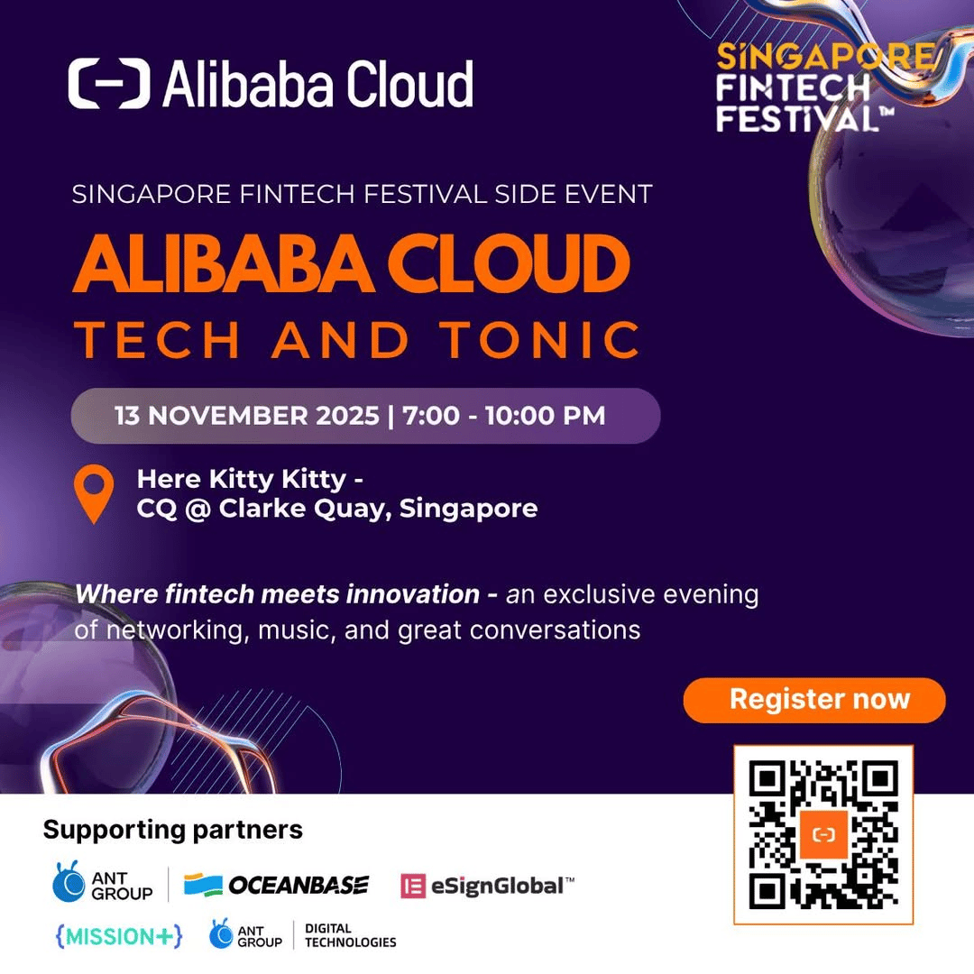 Flyer for Alibaba Cloud Tech and Tonic, a Singapore Fintech Festival side event on 13 November 2025 at Clarke Quay
