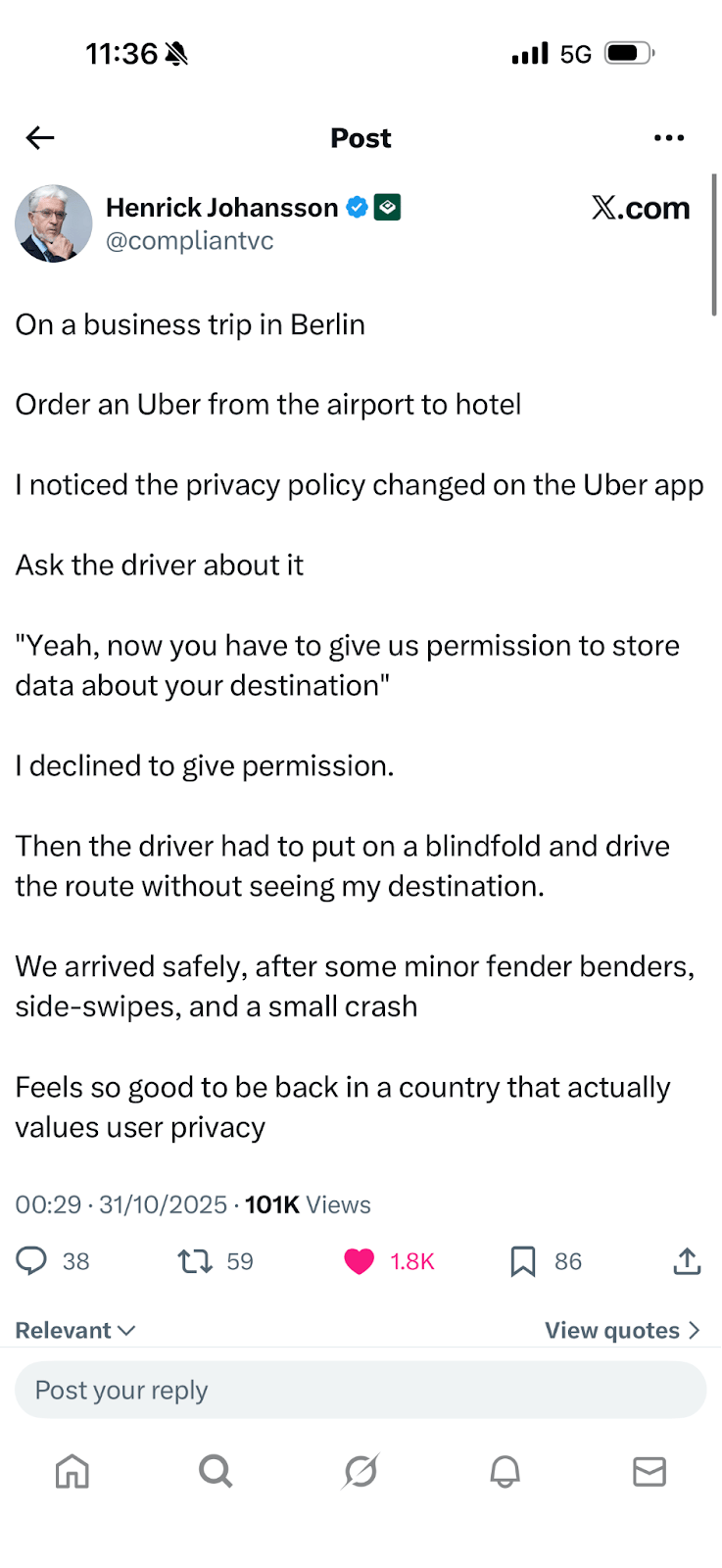 Joke post: a passenger refuses Uber location permission, so the driver drives blindfolded, mocking privacy rules