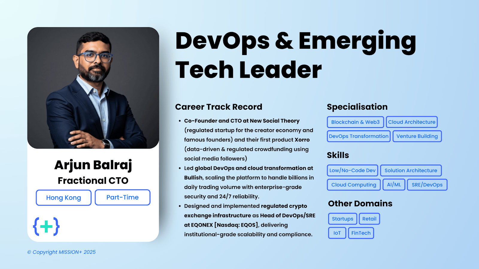 Profile card for Arjun Balraj, Fractional CTO in Hong Kong, a DevOps and emerging tech leader with crypto and fintech roots