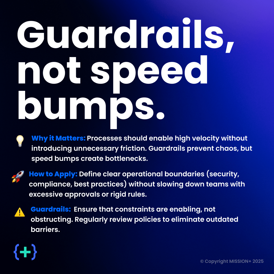MISSION+ principle card: guardrails, not speed bumps. Processes should enable high velocity without needless friction