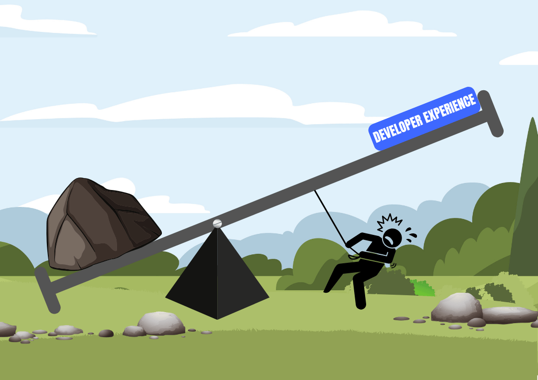 Lever illustration: a person strains to lift a boulder, with Developer Experience at the far end, where effort gives most force