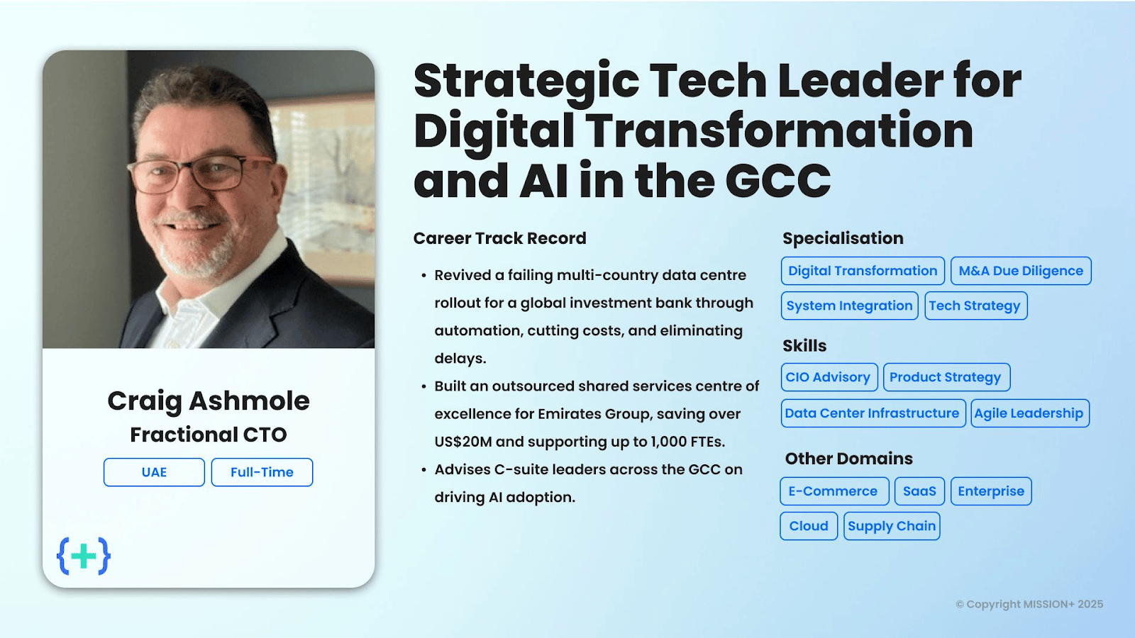 Profile card for Craig Ashmole, UAE-based Fractional CTO and strategic tech leader for digital transformation and AI