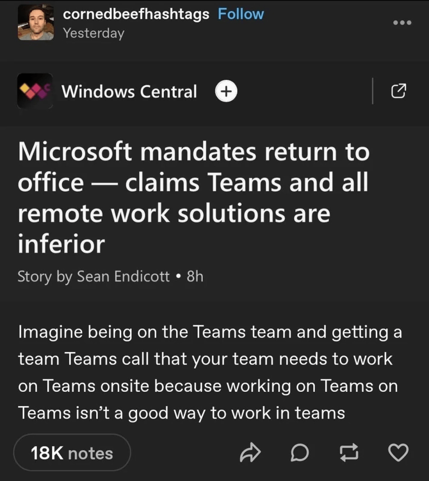 Screenshot joke: Microsoft mandates return to office, so the Teams team must work on Teams onsite, not on Teams