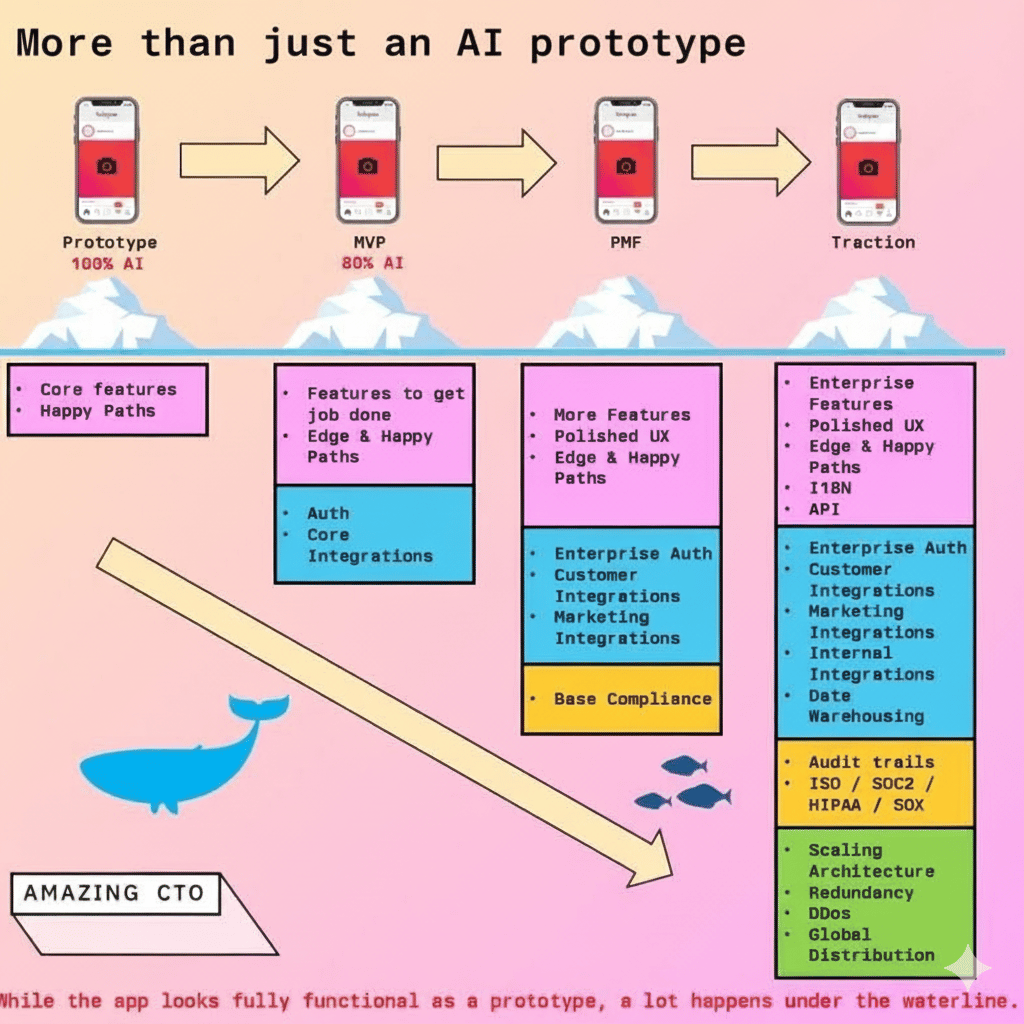 Iceberg diagram: an AI prototype looks complete, but auth, integrations, compliance and scaling sit under the waterline