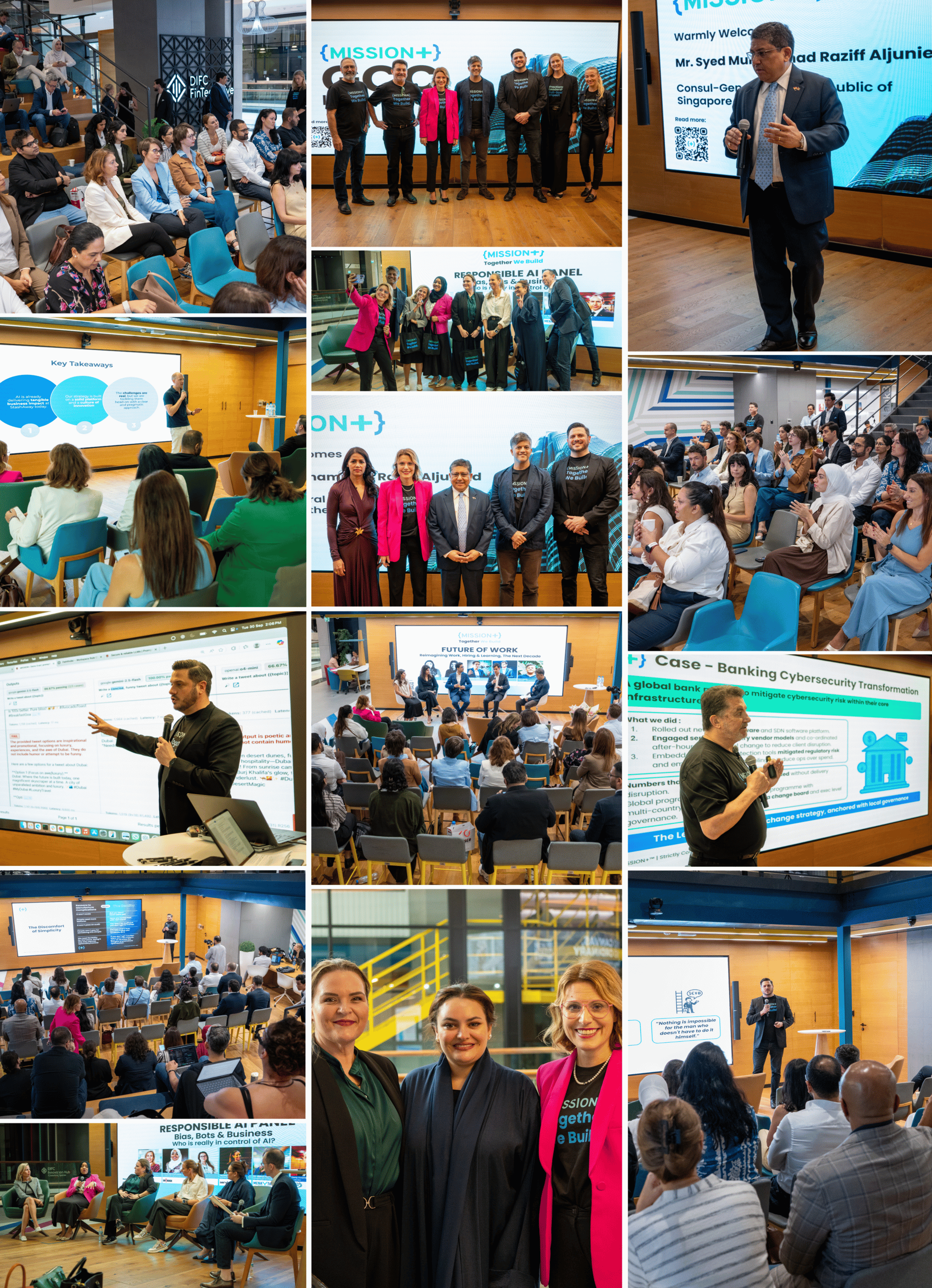 Photo collage of the MISSION+ GCC launch at DIFC in Dubai: panels, speakers, the Consul-General of Singapore and audience
