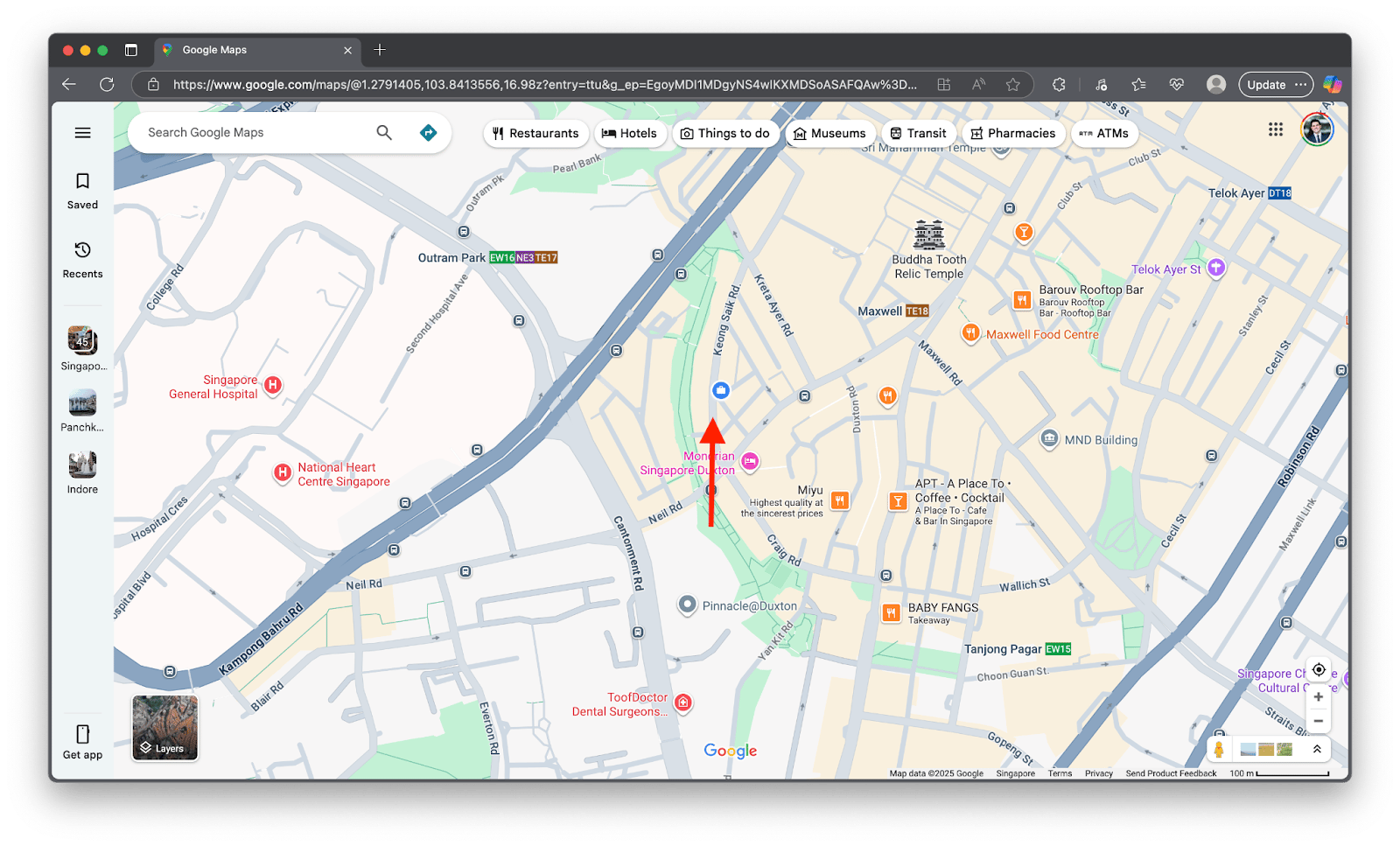 Google Maps view of Duxton, Singapore, with a red arrow showing the viewpoint given to Nano Banana