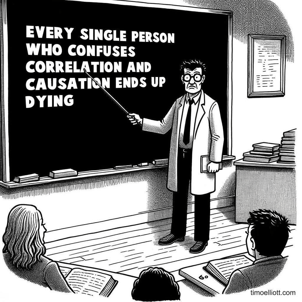 Cartoon of a teacher at a blackboard: every single person who confuses correlation and causation ends up dying