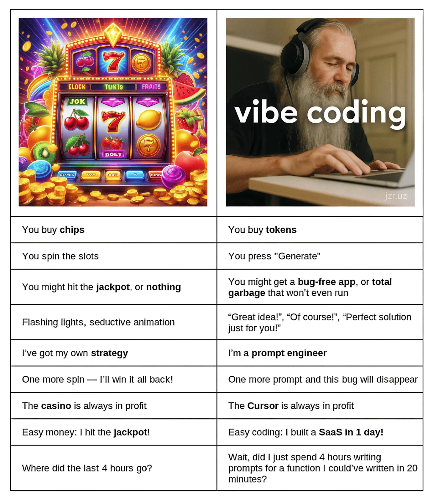Table comparing vibe coding to a slot machine: buying tokens instead of chips, one more prompt instead of one more spin