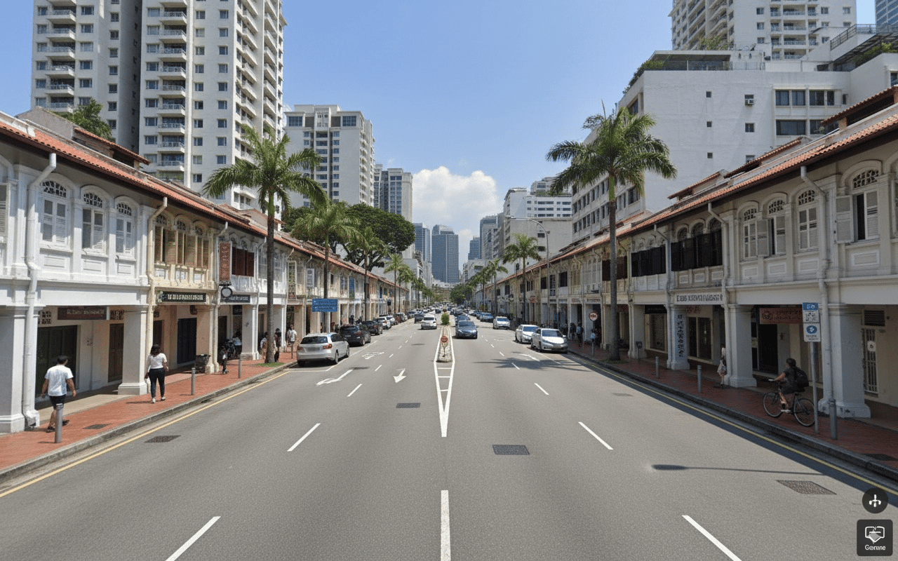 Nano Banana's generated street view from the arrow: a road lined with Singapore heritage shophouses and palms