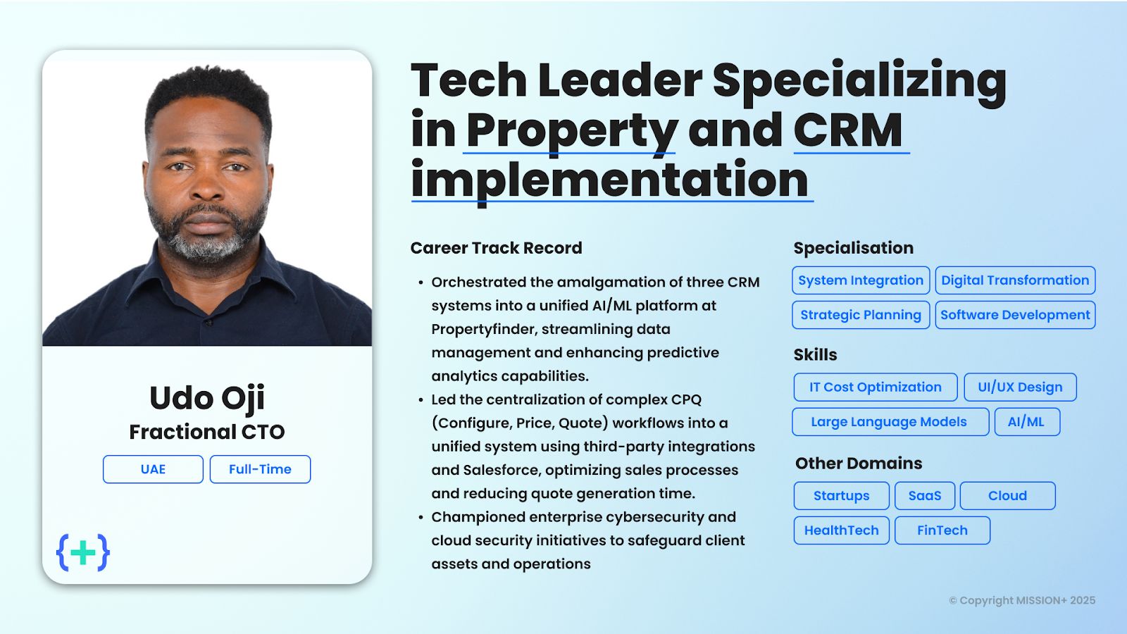 Profile card for Udo Oji, Fractional CTO specialising in property and CRM implementation