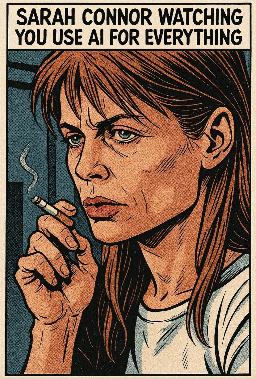 Comic-style meme of a sceptical Sarah Connor smoking, captioned: Sarah Connor watching you use AI for everything