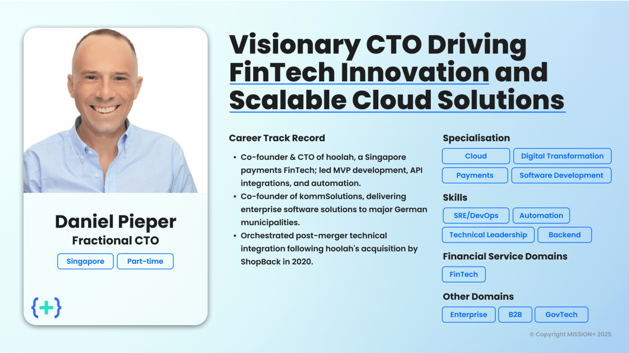 MISSION+ profile card for Daniel Pieper, Fractional CTO in Singapore specialising in FinTech, payments and cloud