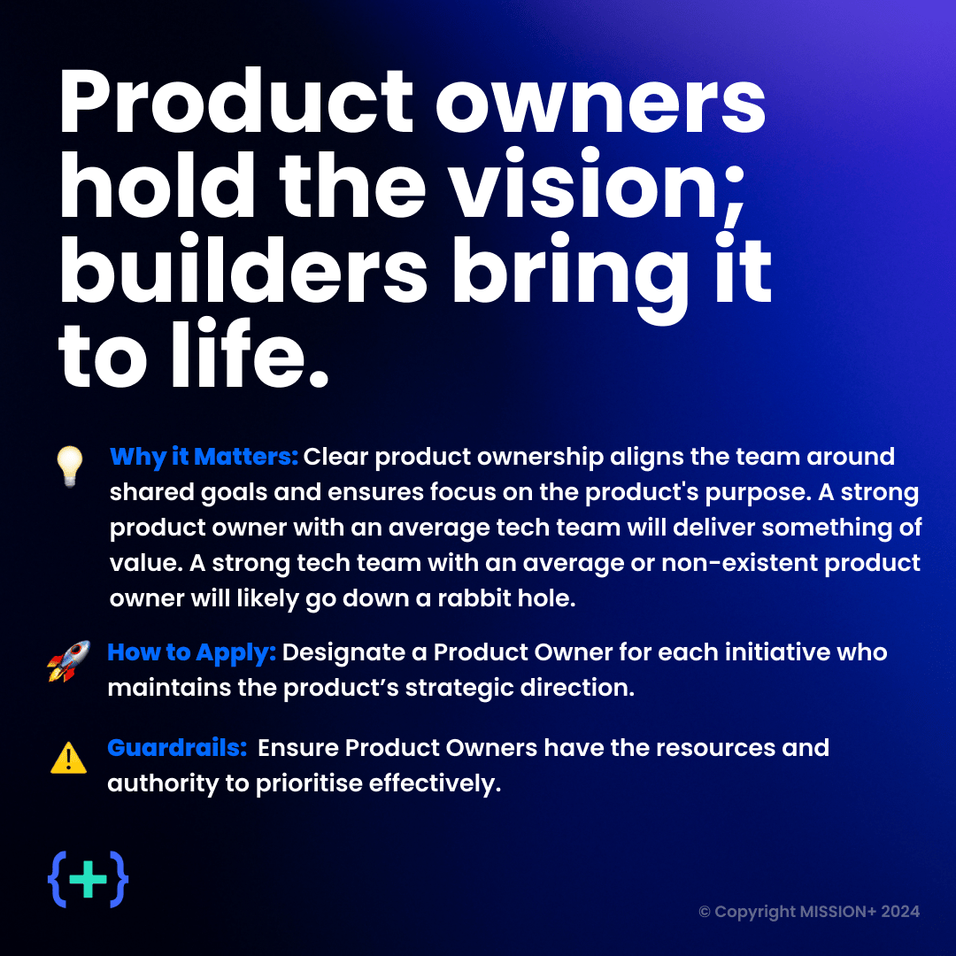 MISSION+ This Is The Way card: Product owners hold the vision; builders bring it to life, with why, how and guardrails