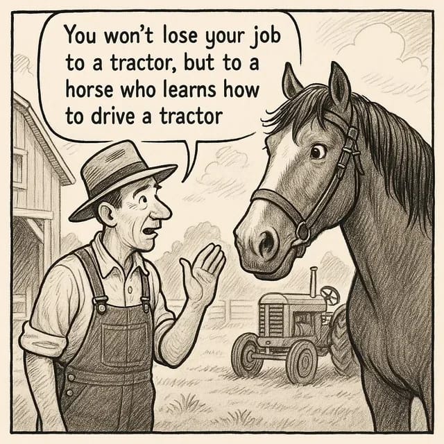Cartoon of a farmer telling a horse: you won't lose your job to a tractor, but to a horse who learns to drive one