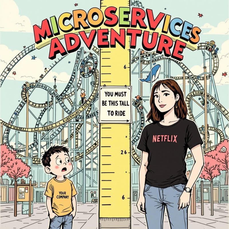 Cartoon of a small 'Your Company' child too short for the 'Microservices Adventure' ride beside a tall 'Netflix' adult