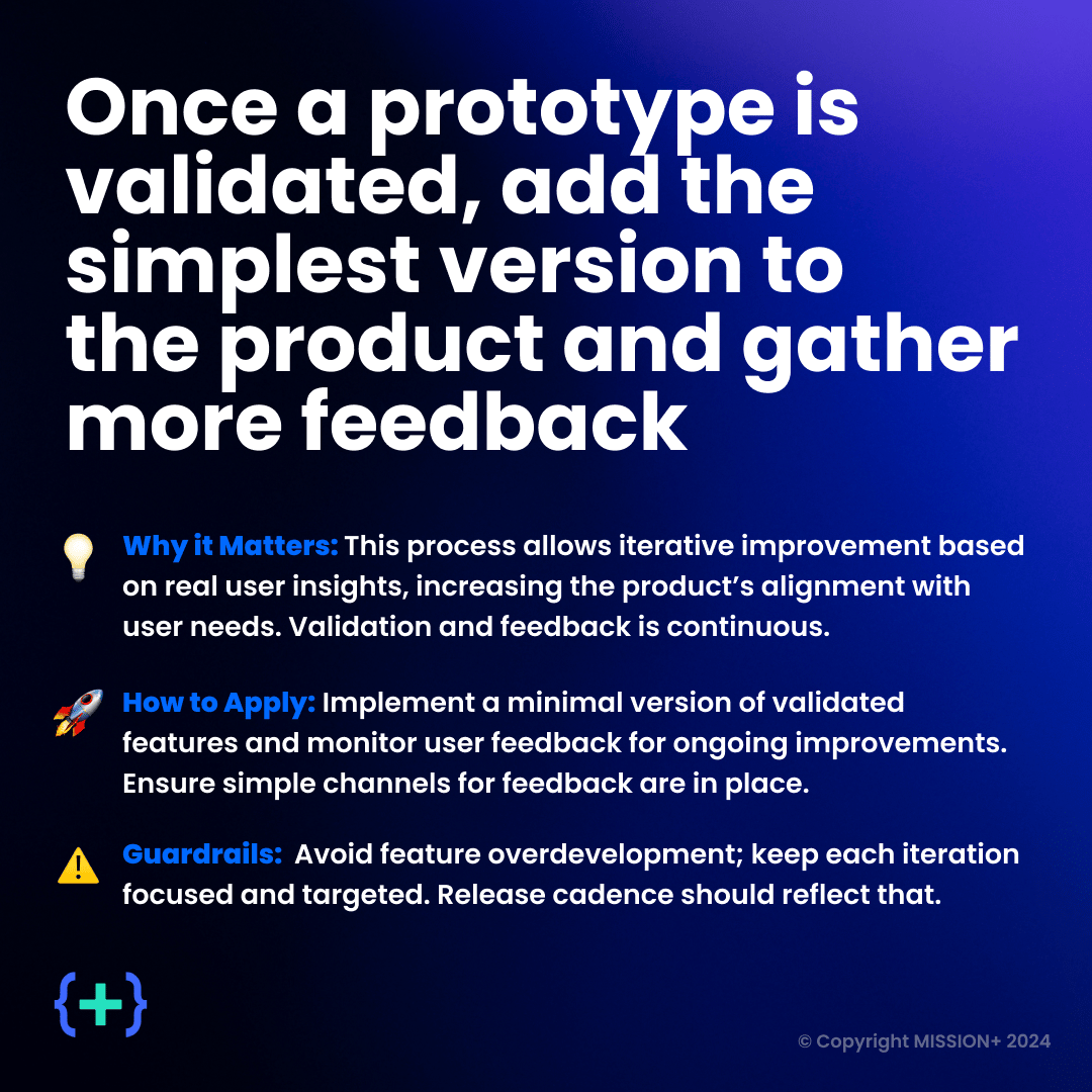 MISSION+ principle card: once a prototype is validated, add the simplest version to the product and gather feedback