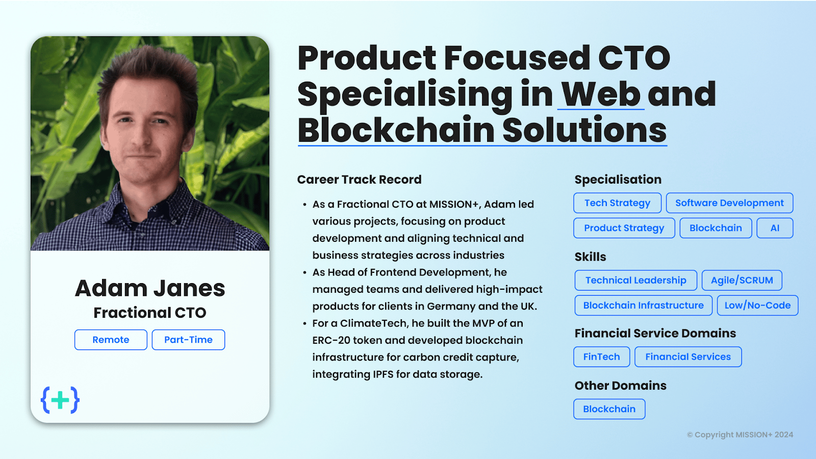 Profile card for Adam Janes, Fractional CTO specialising in web and blockchain solutions